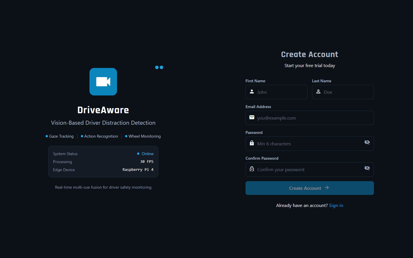 DriveAware sign-up screen