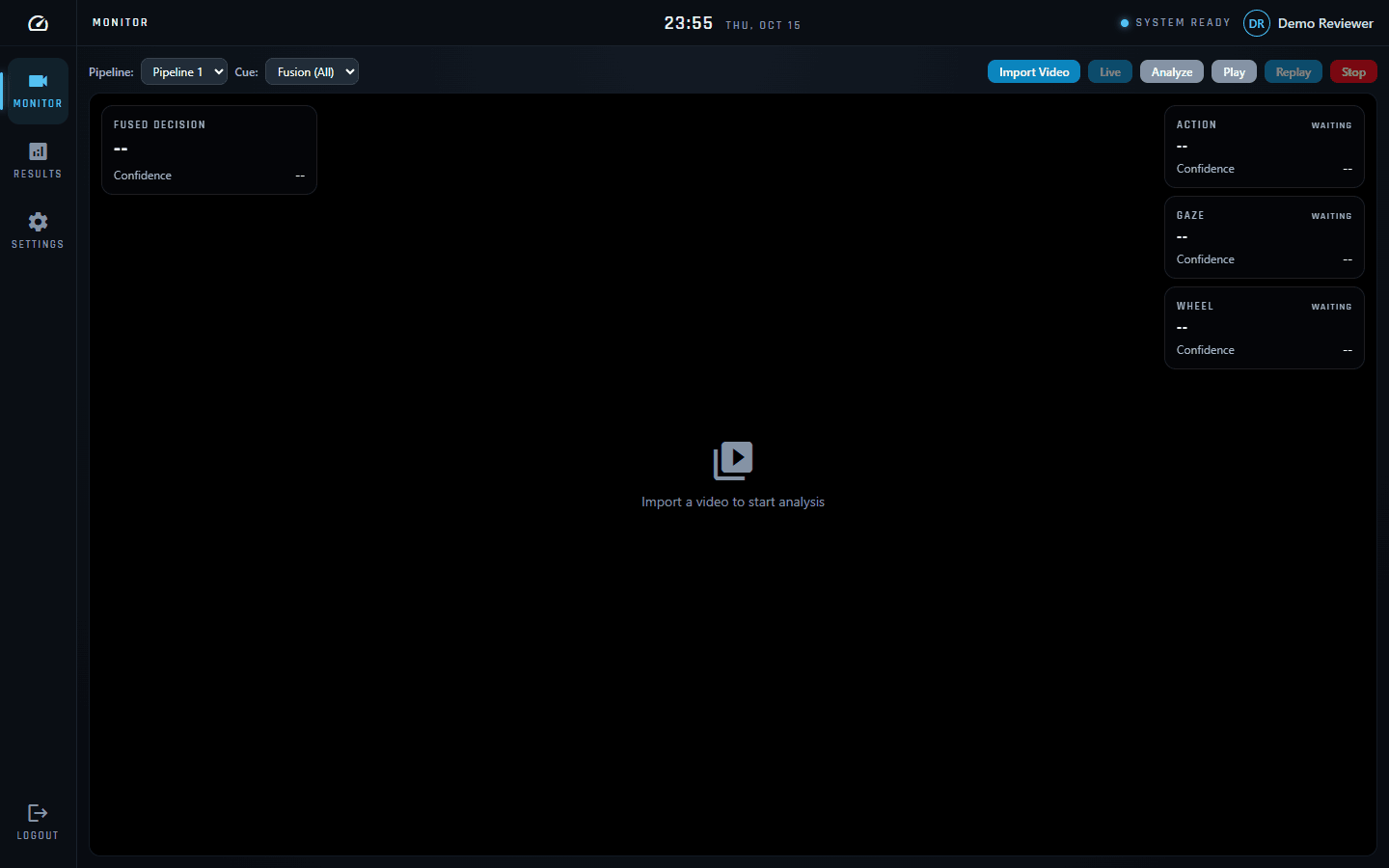 Monitor: choose a pipeline and cue, then analyse uploaded or live video