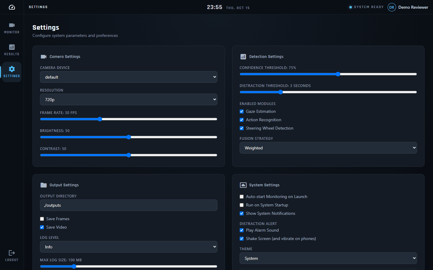 Settings: detection thresholds, enabled cues and fusion strategy